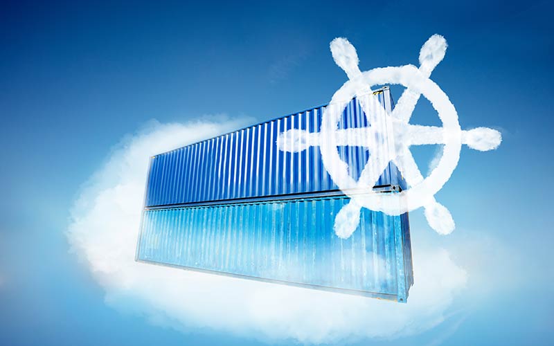 Two containers, Kubernetes style and cloud with secure lock icon show software infrastructure operations concept