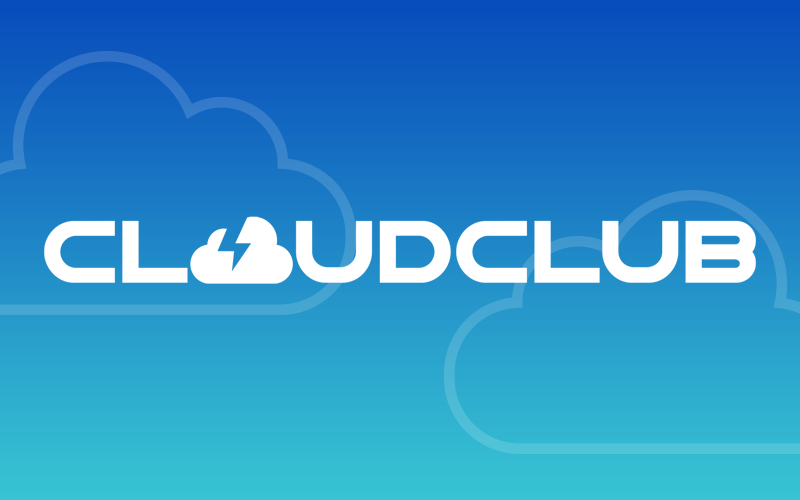 Cloud Club logo in white over blue and aqua gradient and white transparent cloud icons